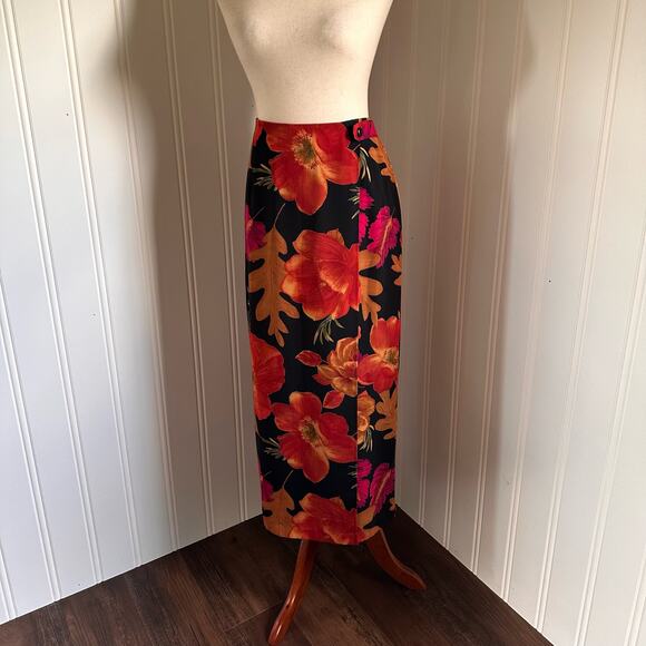 Vintage 90s Boho Black Floral Maxi Skirt 4 - Picture 1 of 8